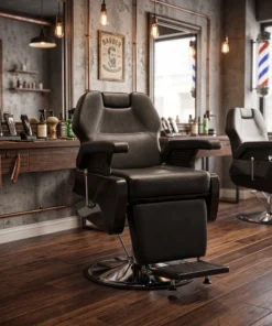 Hair System fotel barberski New York czarny – fotel do barber shopu z odchylanym oparciem i podnóżkiem