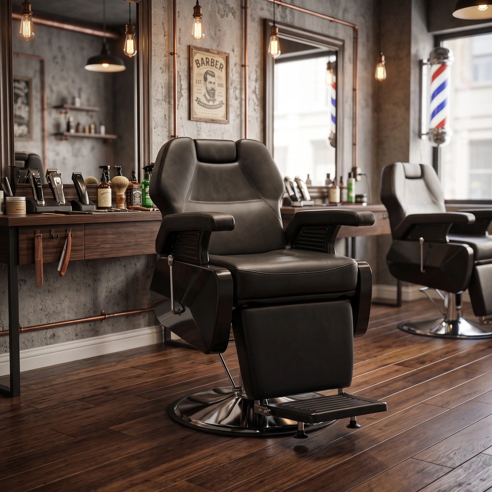 Hair System fotel barberski New York czarny – fotel do barber shopu z odchylanym oparciem i podnóżkiem