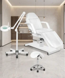 Zestaw kosmetyczny: fotel hydrauliczny A-210 + lampa lupa LED S5 + taboret 302 – komplet do gabinetu